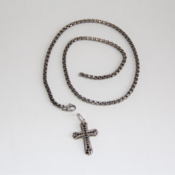 David Yurman Sterling Silver Black Diamond Cross Chain Necklace - Picture 11 of 13